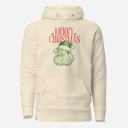 Bone hoodie with red Merry Christmas 2025 text and green Santa face, front view.