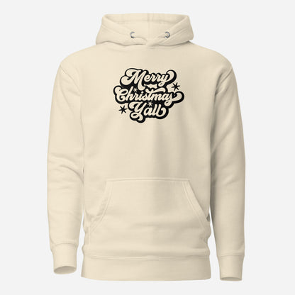Bone hoodie with black Merry Christmas Y'all script lettering, front view.