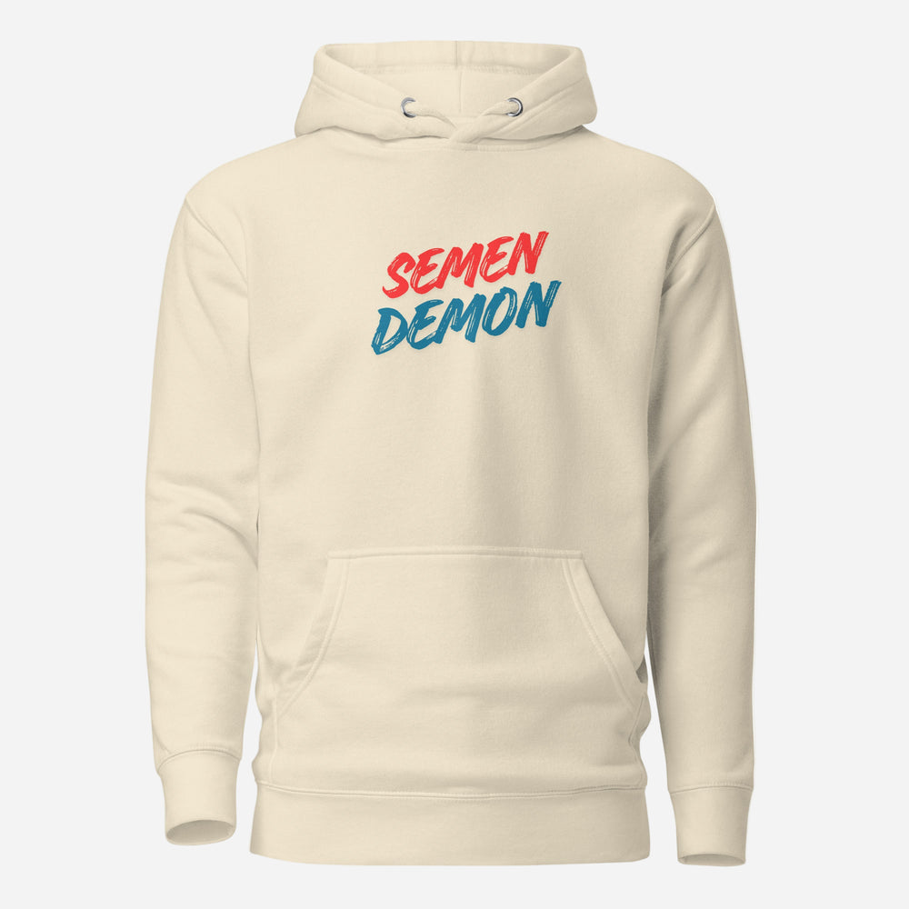 Bone hoodie with red and blue Semen Demon lettering, front view.
