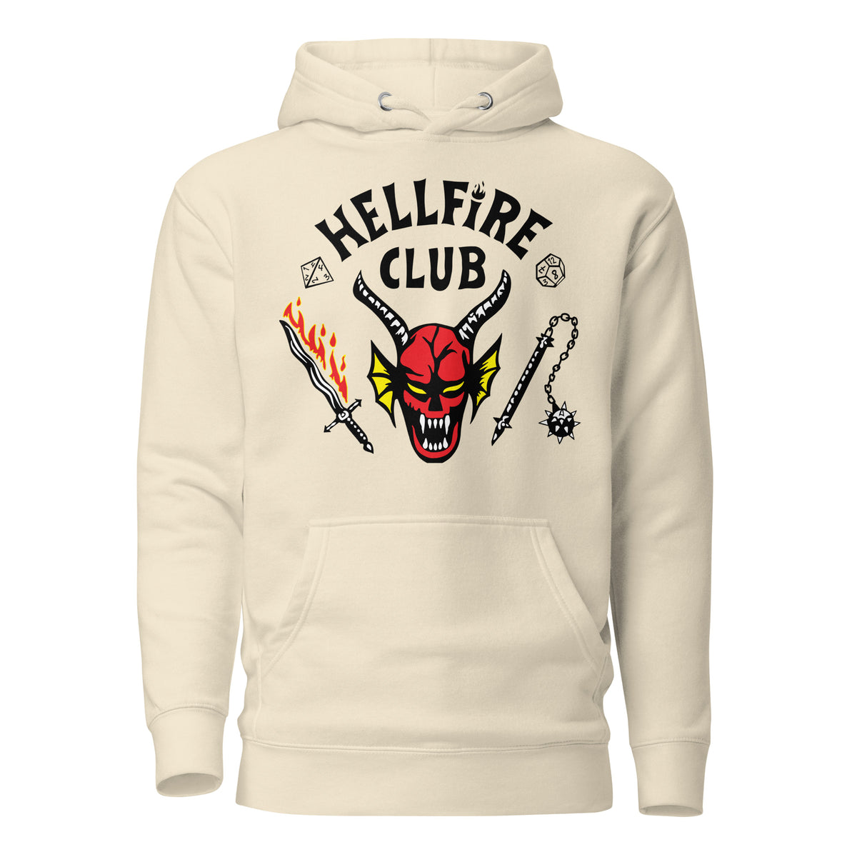 Bone hoodie, front view with Hellfire Club lettering and a red horned-face graphic.