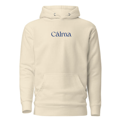 Bone hoodie with blue Calma lettering, front view.