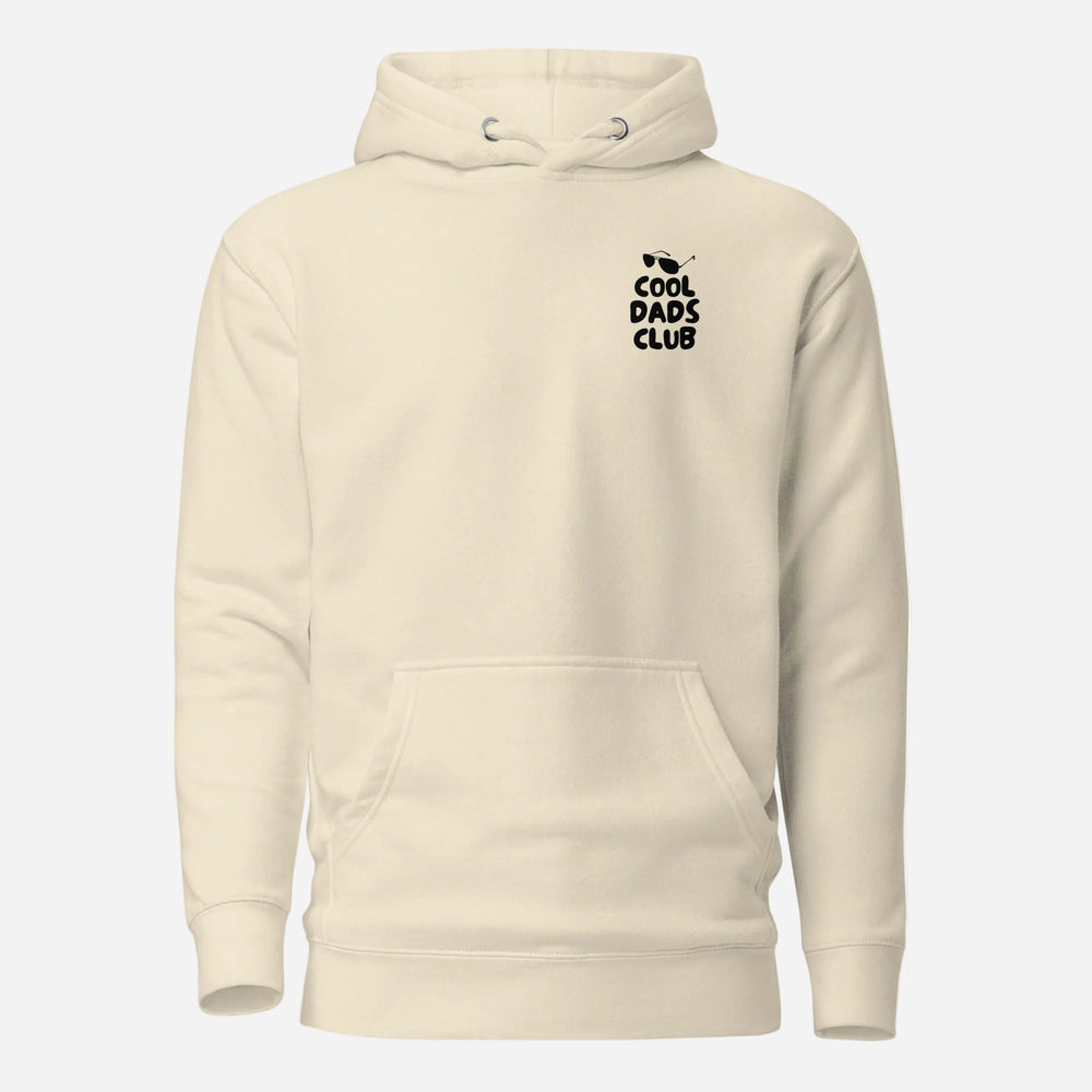 Bone hoodie with small black Cool Dads Club chest lettering, front view.