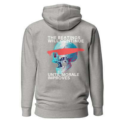 Carbon Grey hoodie with a blue skull, red bar and The Beatings Will Continue text, back view.