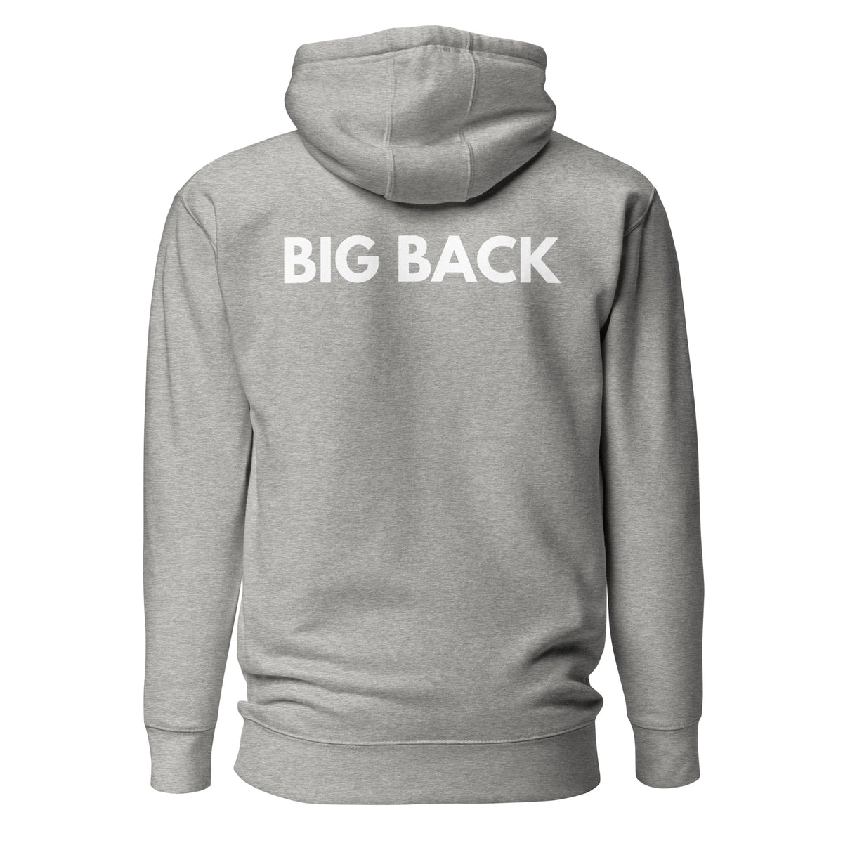 Carbon Grey hoodie with white Big Back lettering, back view.
