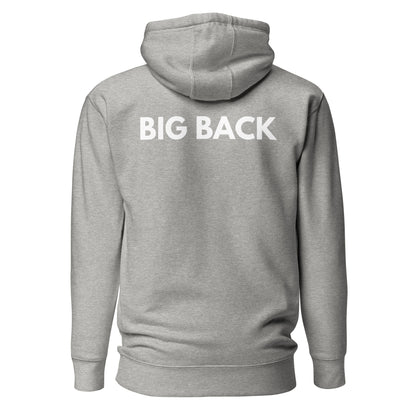 Carbon Grey hoodie with white Big Back lettering, back view.