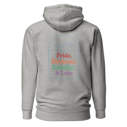 Carbon Grey hoodie, back view with a mountain outline and colorful "Pride, Kindness, Equality, & Love" lettering.