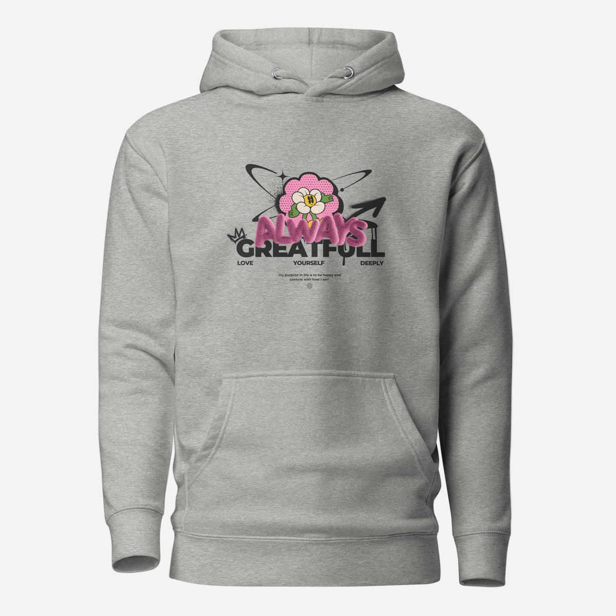Carbon Grey hoodie, front view, with a smiling pink flower and 'Always Grateful' lettering.