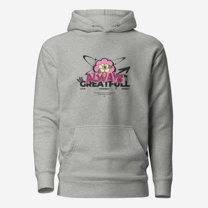 Carbon Grey hoodie, front view, with a smiling pink flower and 'Always Grateful' lettering.