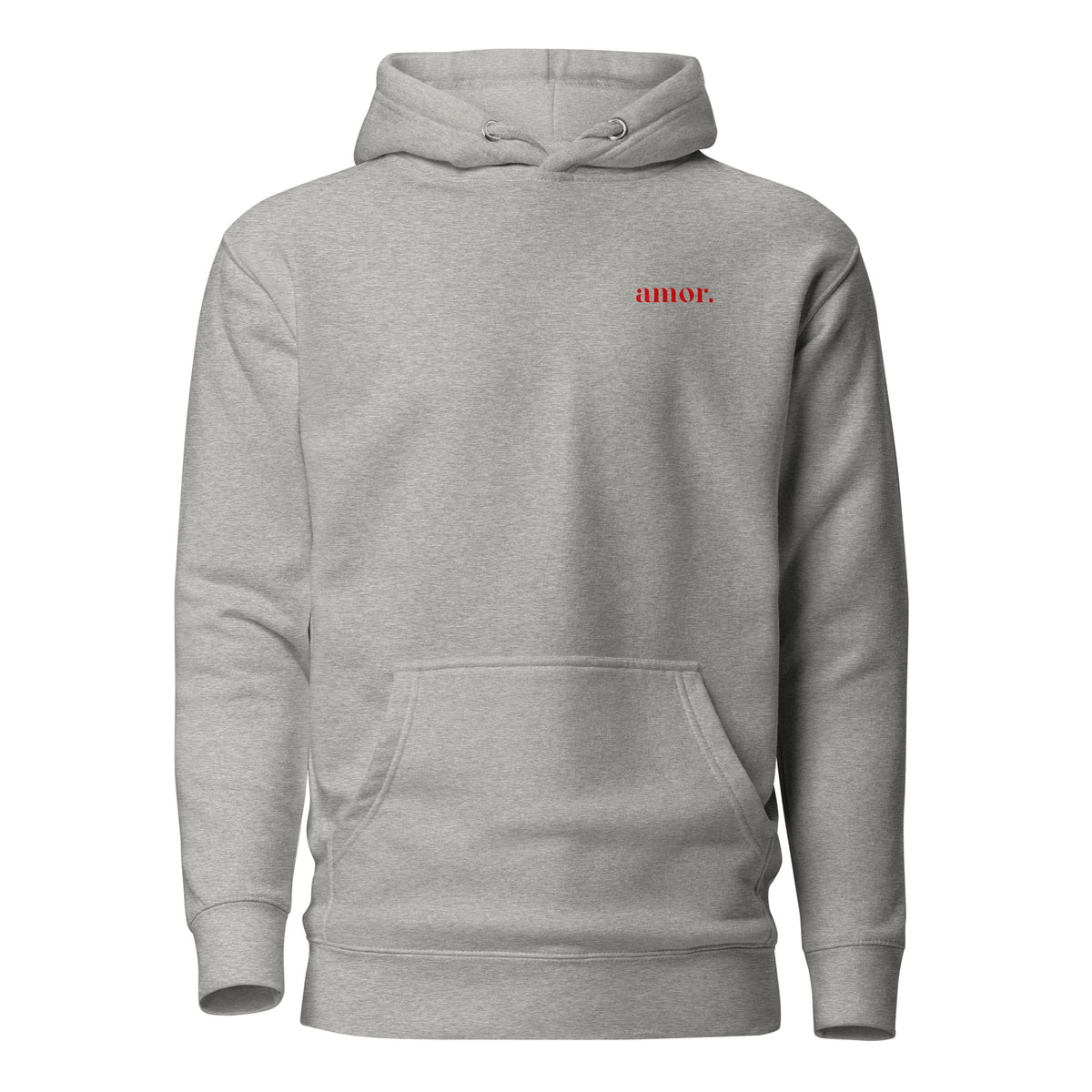 Carbon Grey hoodie with small red amor chest lettering, front view.
