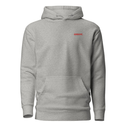 Carbon Grey hoodie with small red amor chest lettering, front view.