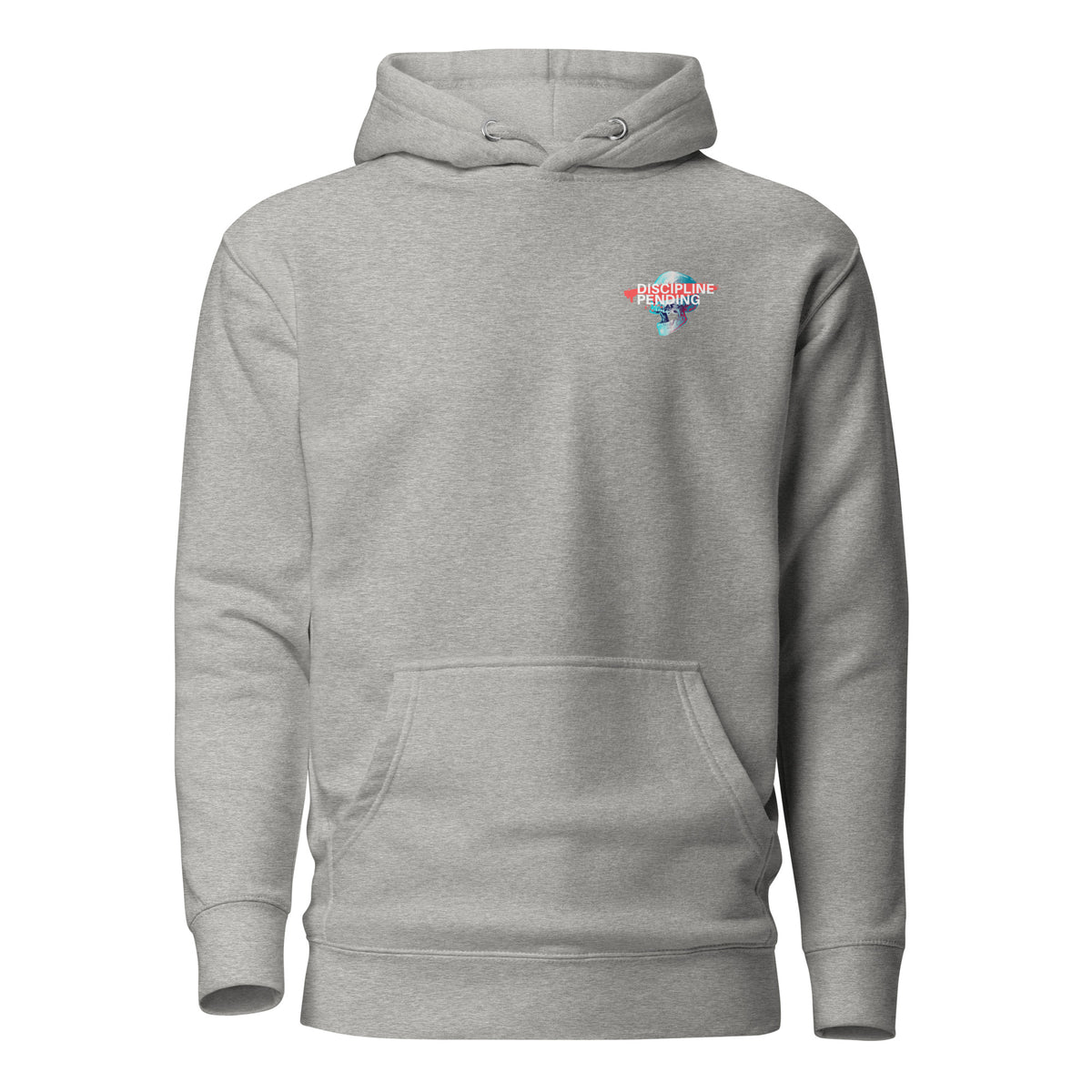 Carbon Grey hoodie with a small blue skull graphic with red bar, front view.