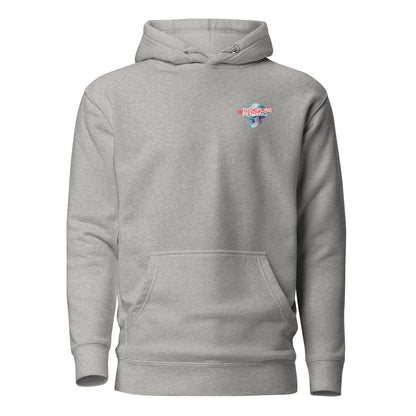 Carbon Grey hoodie with a small blue skull graphic with red bar, front view.