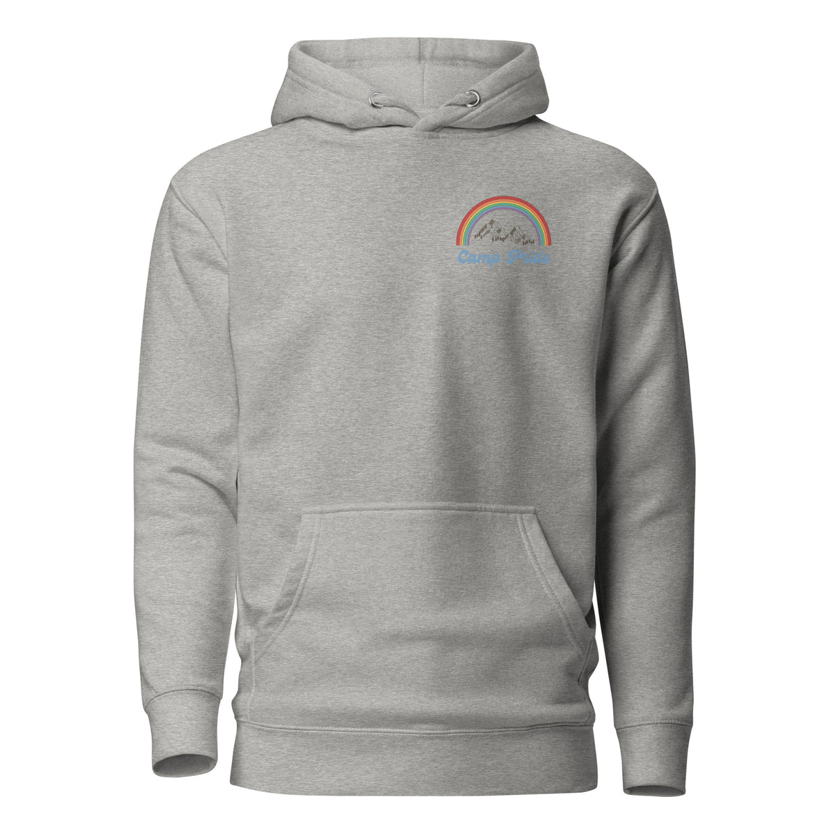 Carbon Grey hoodie, front view with a rainbow-and-mountain "Camp Pride" chest graphic.