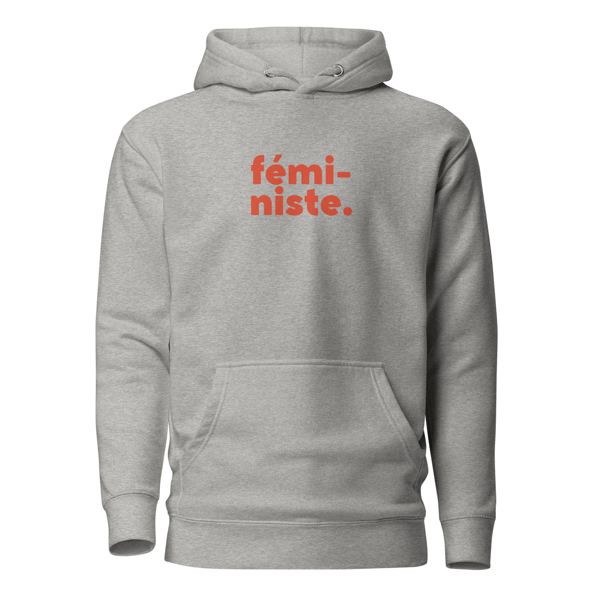 Carbon Grey hoodie, front view, with red stacked 'fémi-niste.' lettering.