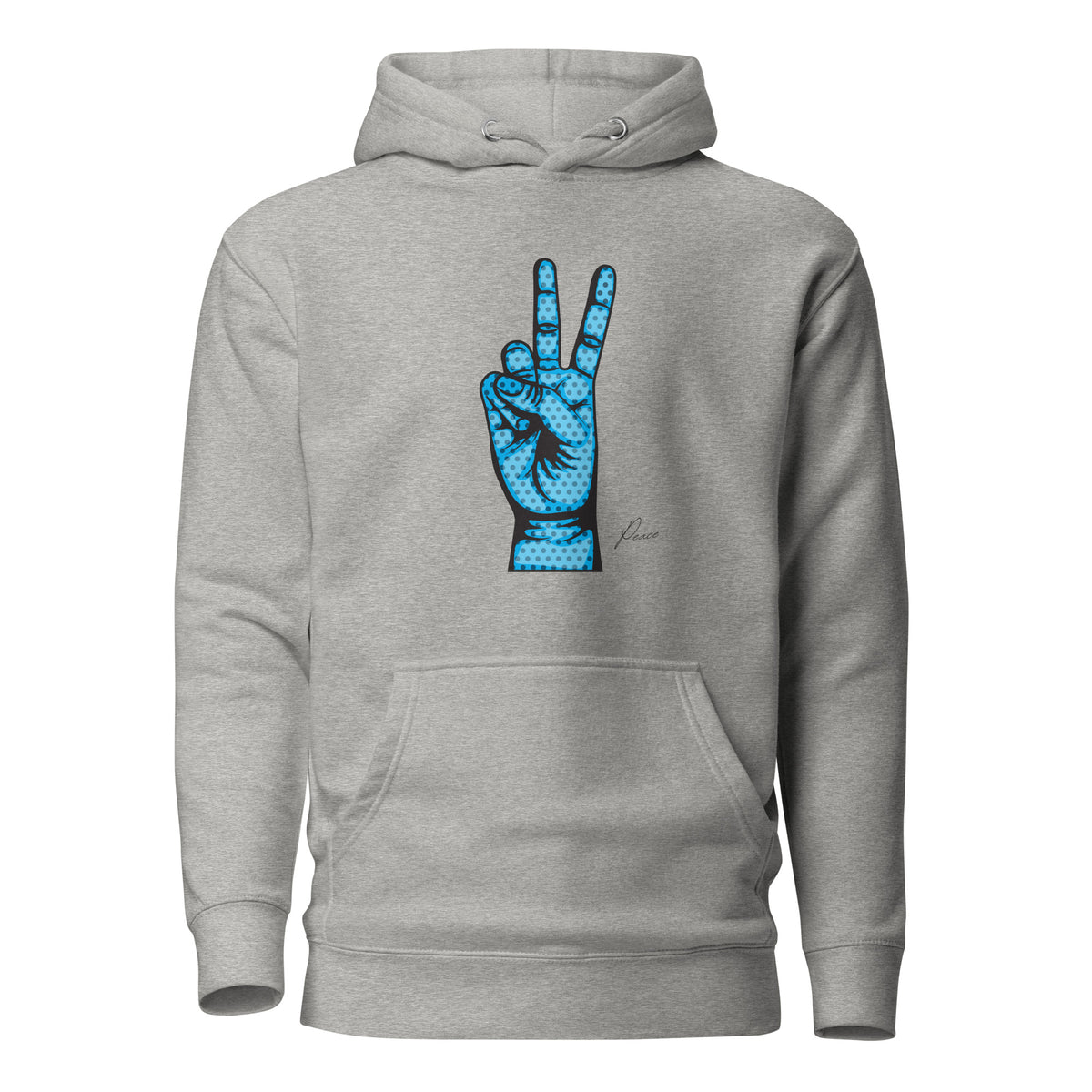Carbon Grey hoodie, front view, with an illustrated blue hand making a peace sign.
