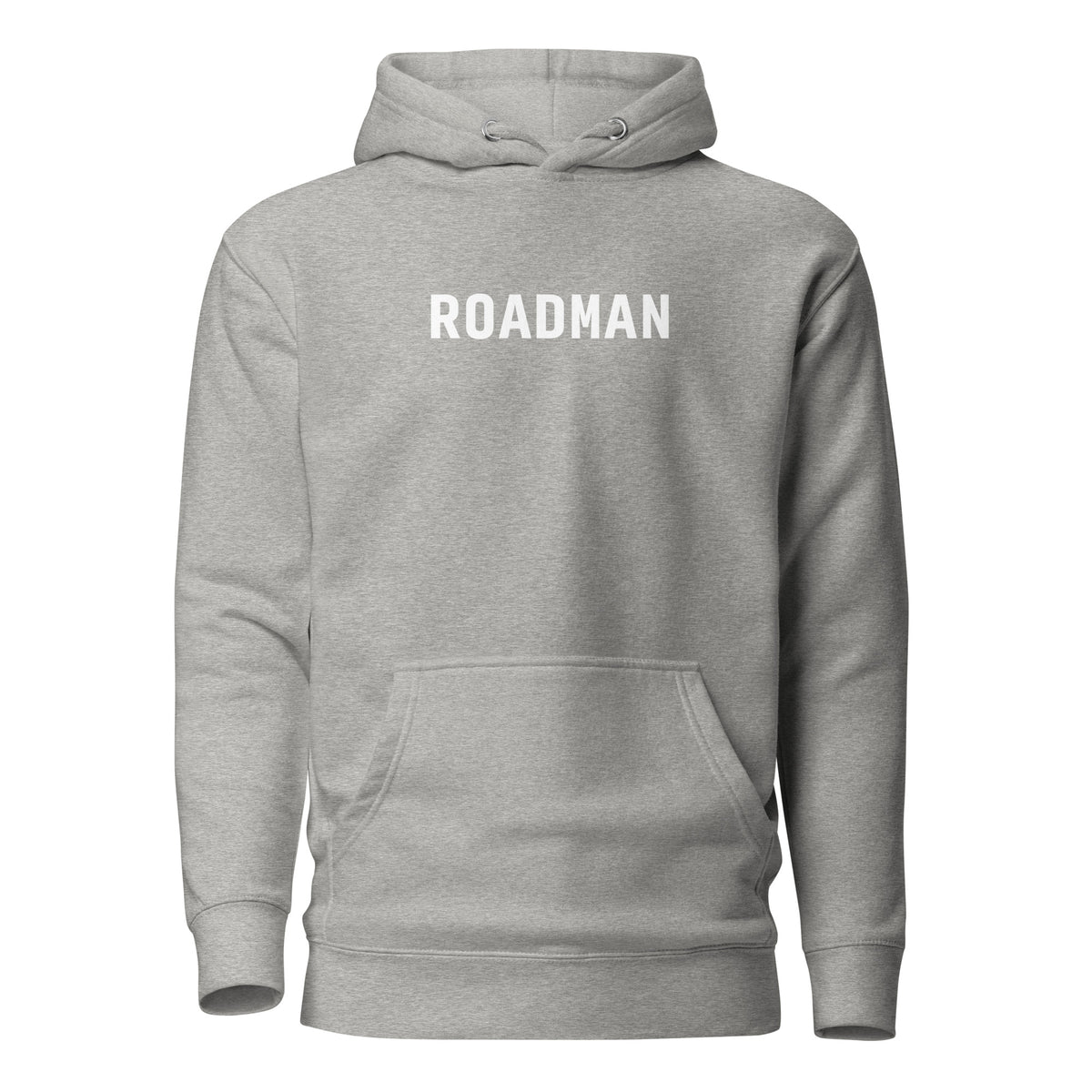 Carbon Grey hoodie, front view with white "ROADMAN" lettering.