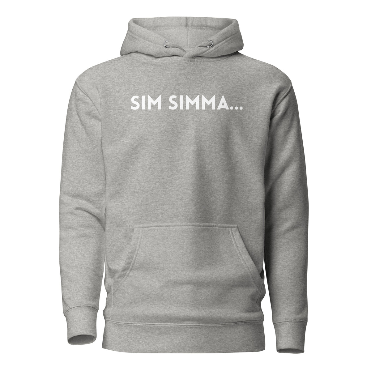 Carbon Grey hoodie, front view, with white 'SIM SIMMA...' lettering.