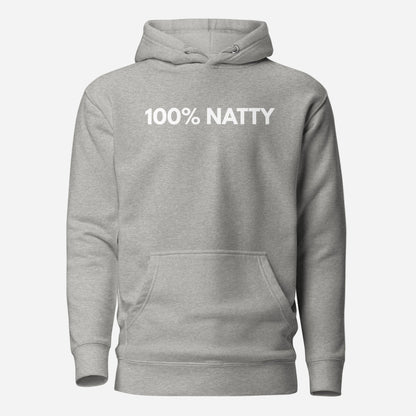Carbon Grey hoodie with white 100% Natty lettering, front view.
