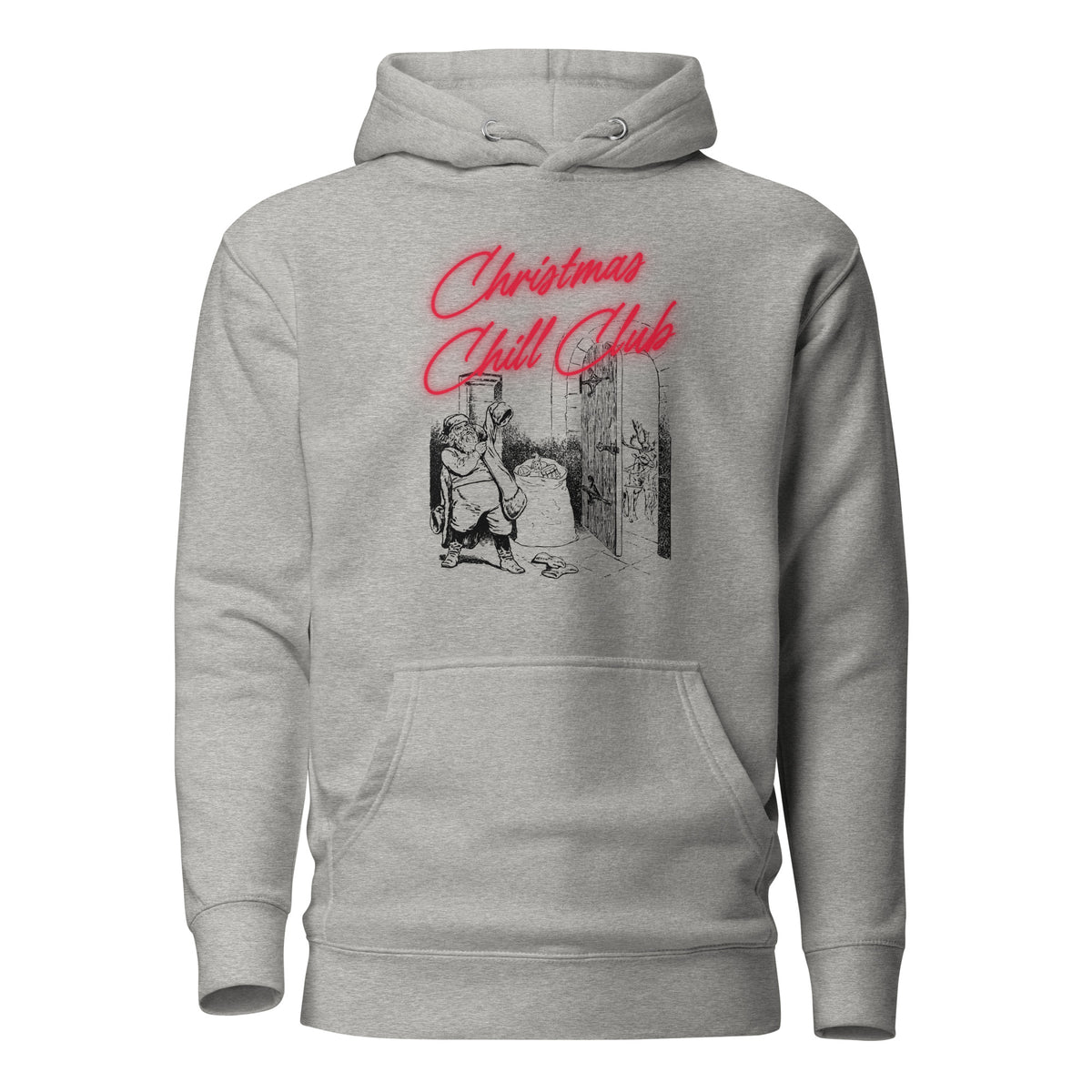 Carbon Grey hoodie, front view with a black-and-white Santa illustration and red "Christmas Chill Club" script.