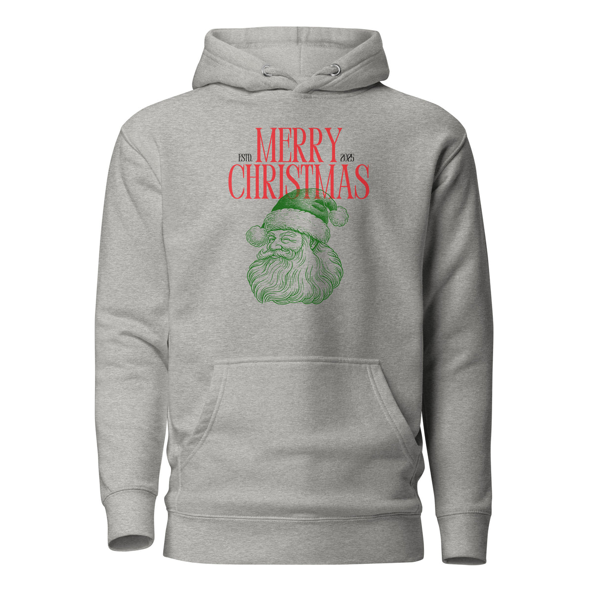 Carbon Grey hoodie with red Merry Christmas 2025 text and green Santa face, front view.