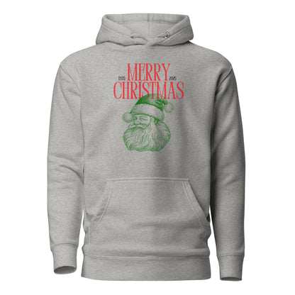 Carbon Grey hoodie with red Merry Christmas 2025 text and green Santa face, front view.