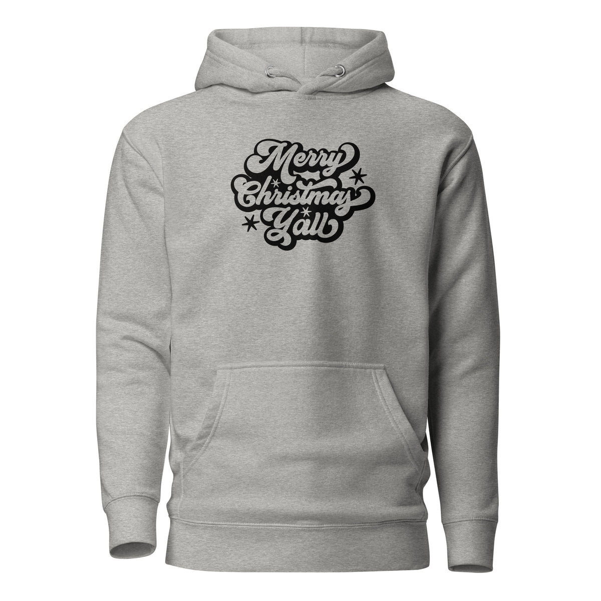 Carbon Grey hoodie with black Merry Christmas Y'all script lettering, front view.