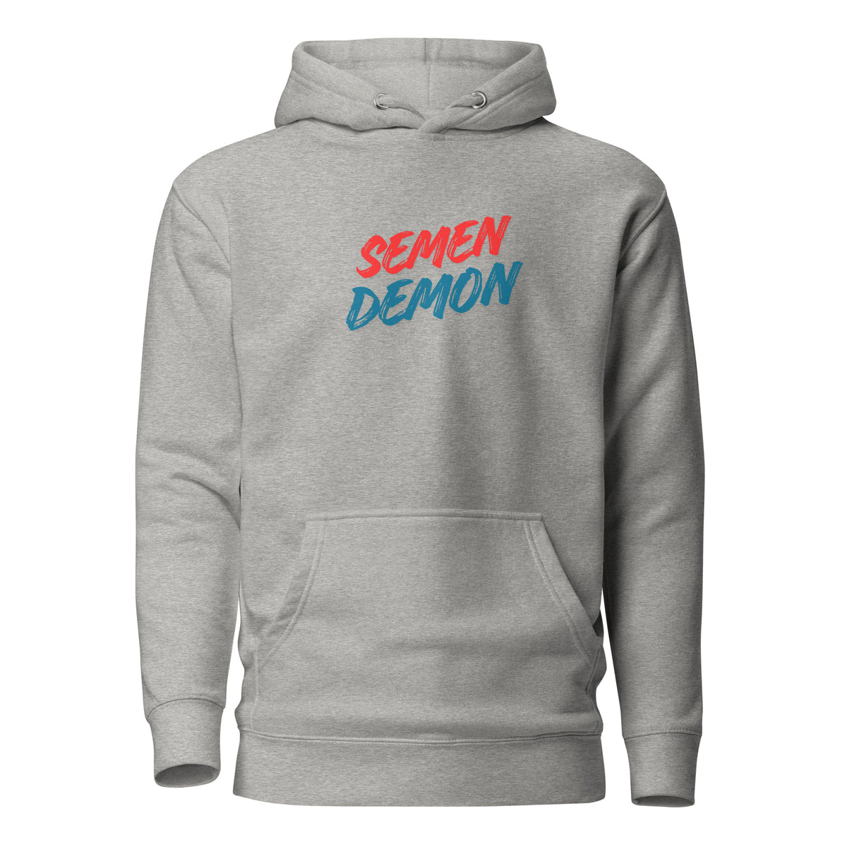 Carbon Grey hoodie with red and blue Semen Demon lettering, front view.