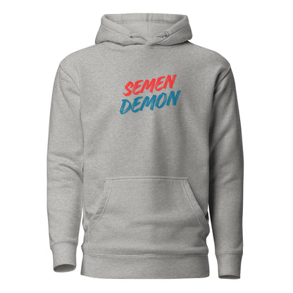 Carbon Grey hoodie with red and blue Semen Demon lettering, front view.
