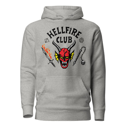 Carbon Grey hoodie, front view with Hellfire Club lettering and a red horned-face graphic.