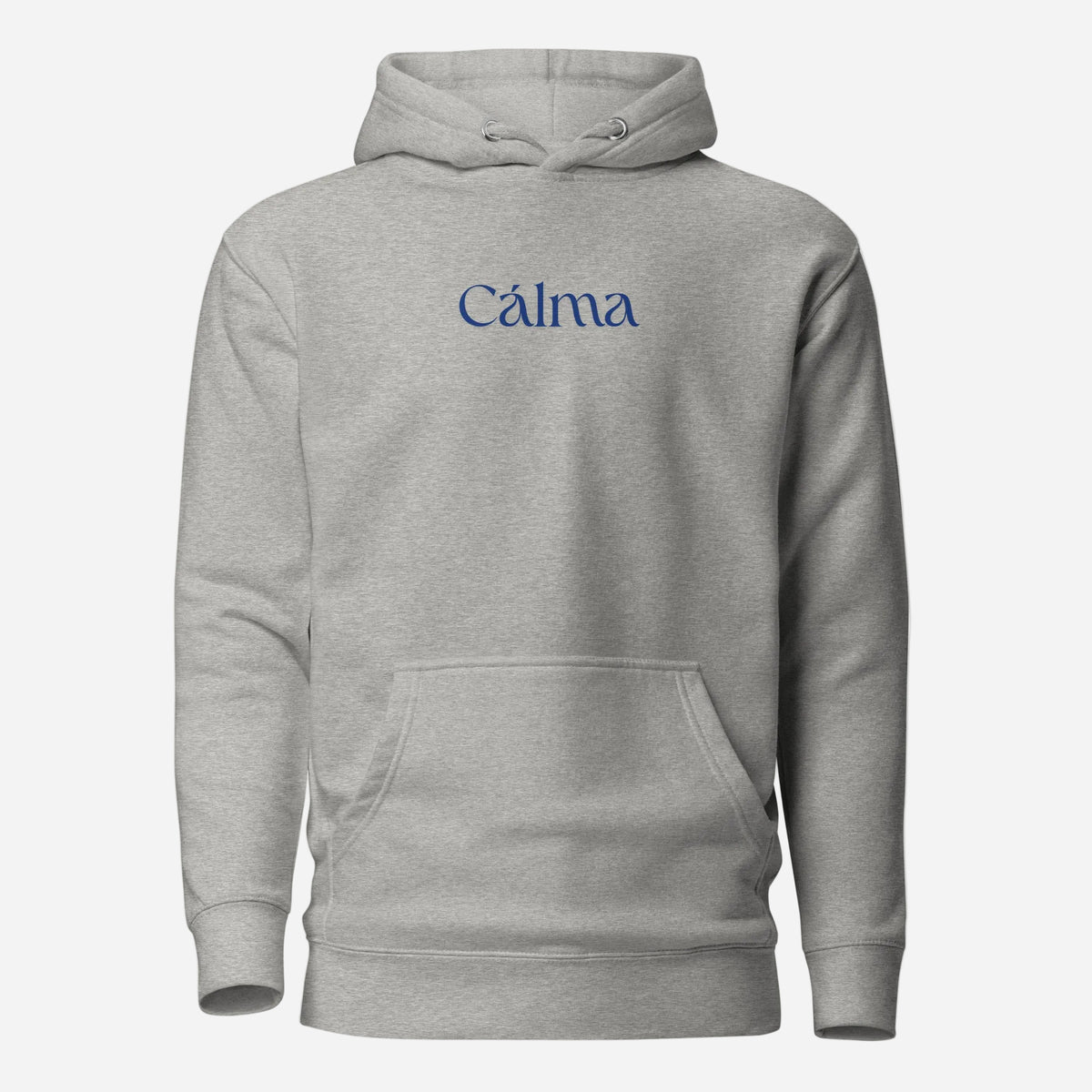 Carbon Grey hoodie with blue Calma lettering, front view.