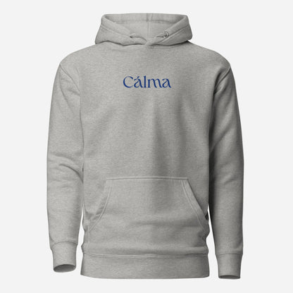 Carbon Grey hoodie with blue Calma lettering, front view.
