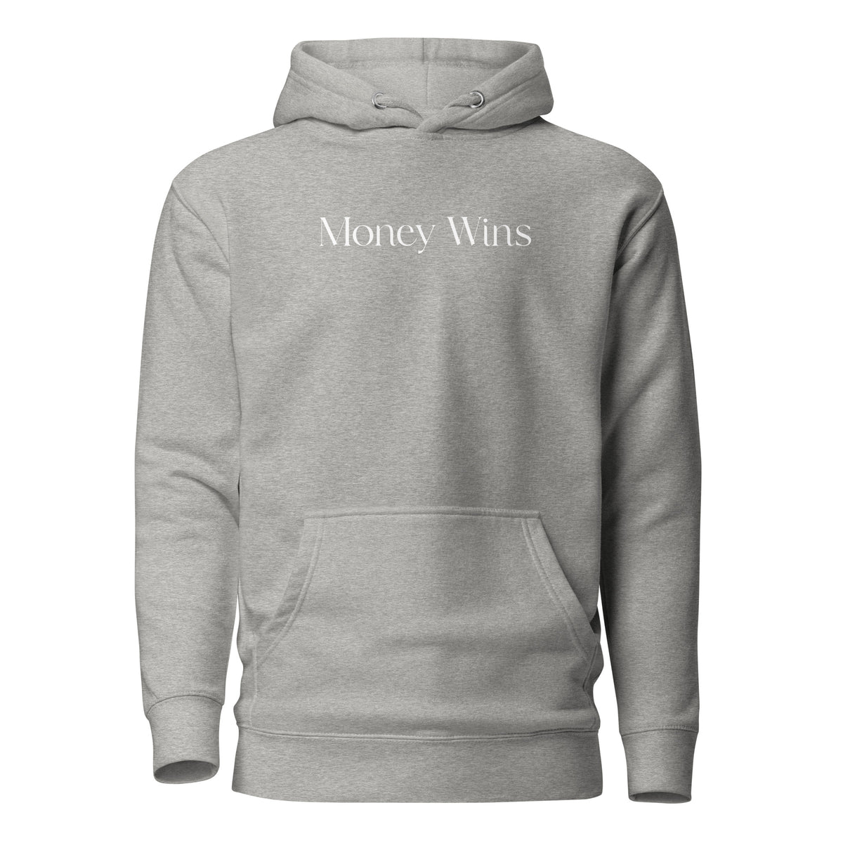 Carbon Grey hoodie with white Money Wins lettering, front view.