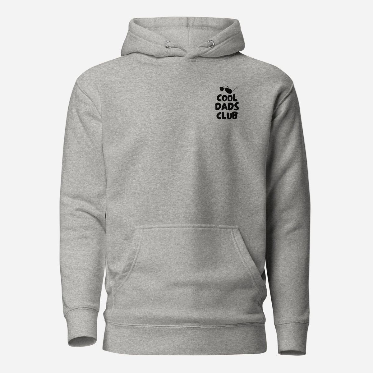 Carbon Grey hoodie with small black Cool Dads Club chest lettering, front view.