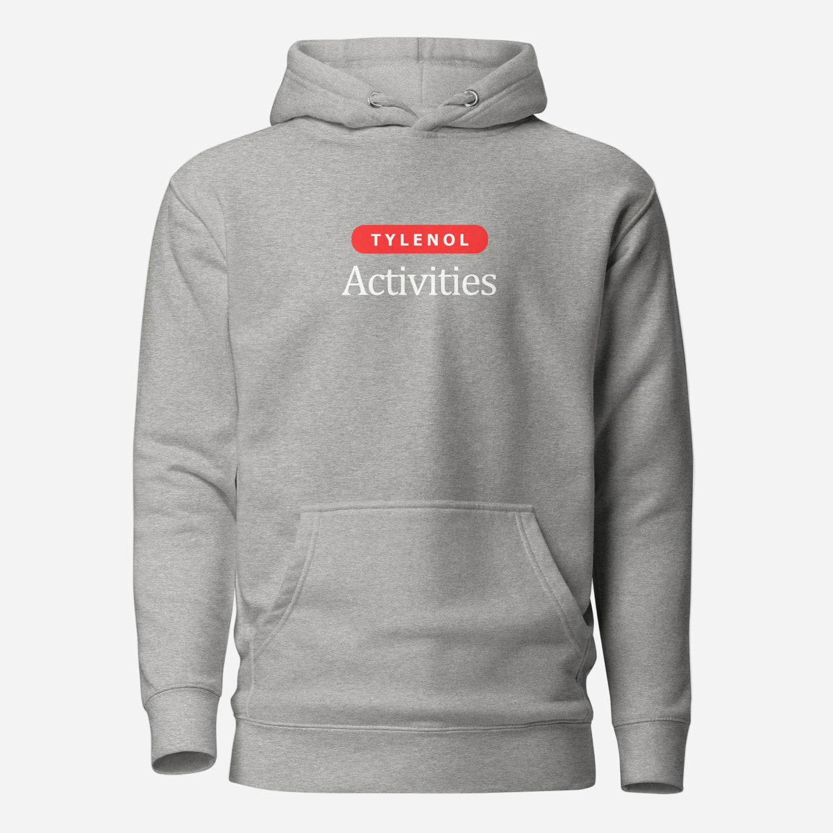 Carbon Grey hoodie with white Tylenol Activities lettering and a red capsule shape, front view.