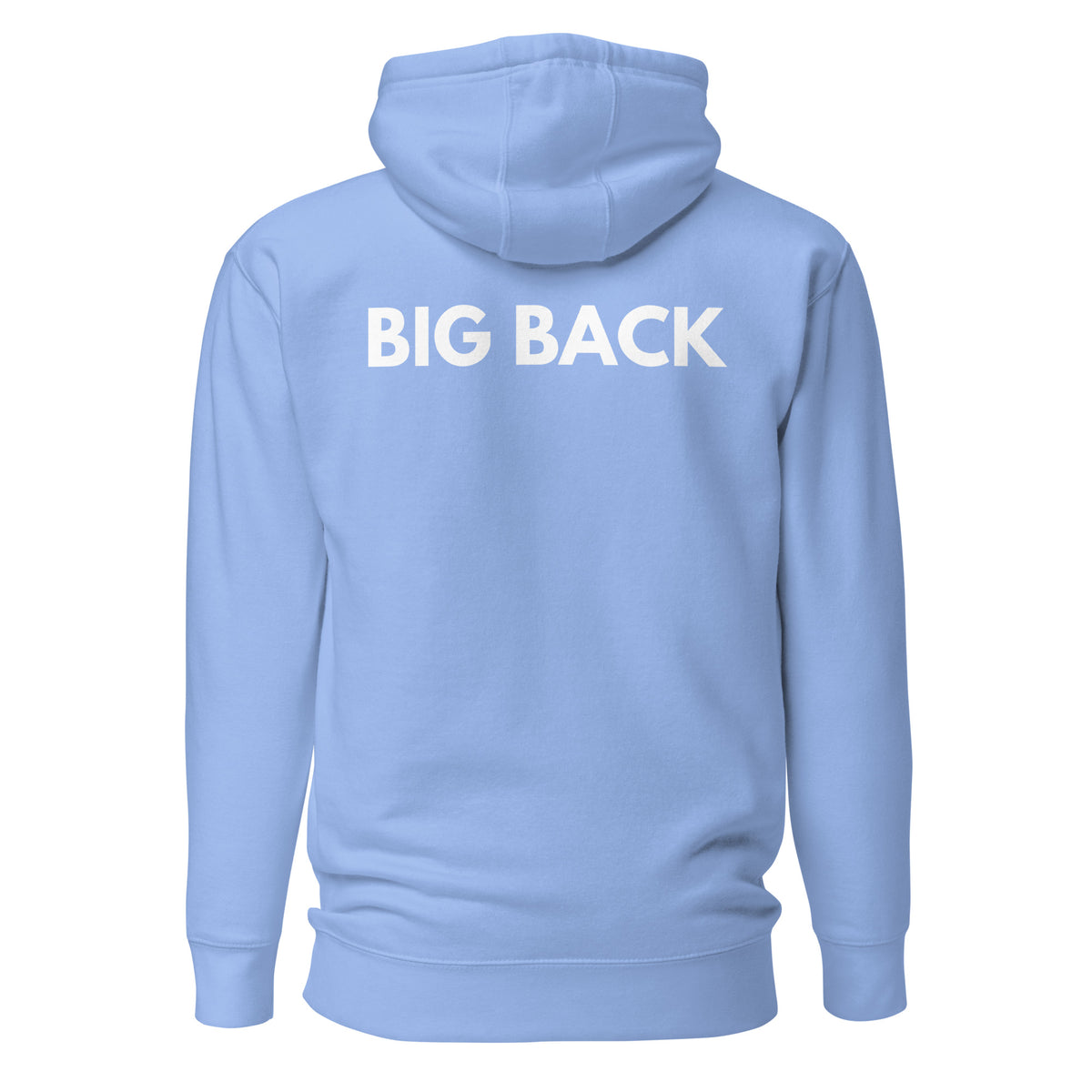 Carolina Blue hoodie with white Big Back lettering, back view.