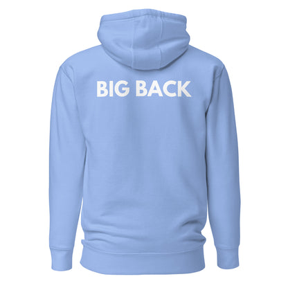 Carolina Blue hoodie with white Big Back lettering, back view.