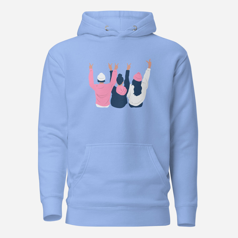 Carolina Blue hoodie, front view with an illustration of three figures raising peace signs.