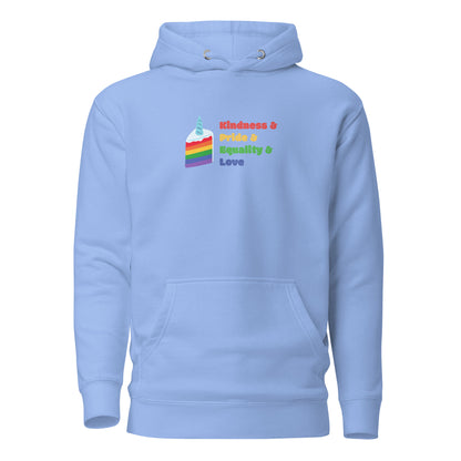 Carolina Blue hoodie, front view with a rainbow graphic and colorful "Kindness & Pride & Equality & Love" lettering.