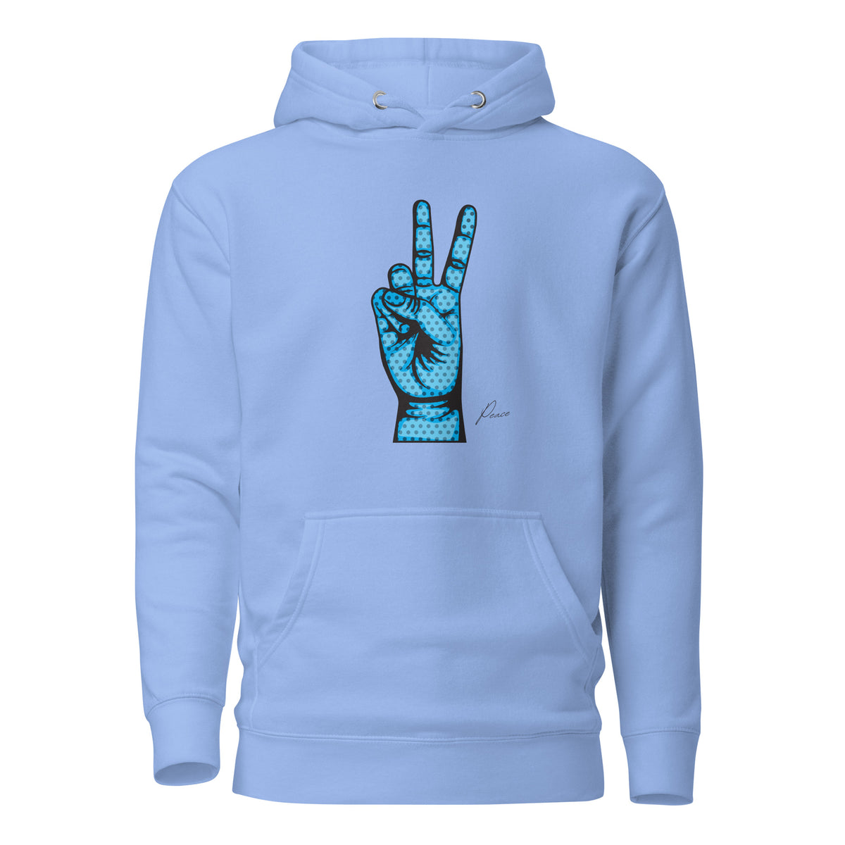 Carolina Blue hoodie, front view, with an illustrated blue hand making a peace sign.