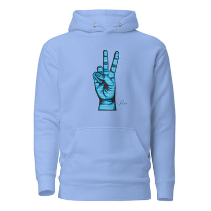 Carolina Blue hoodie, front view, with an illustrated blue hand making a peace sign.