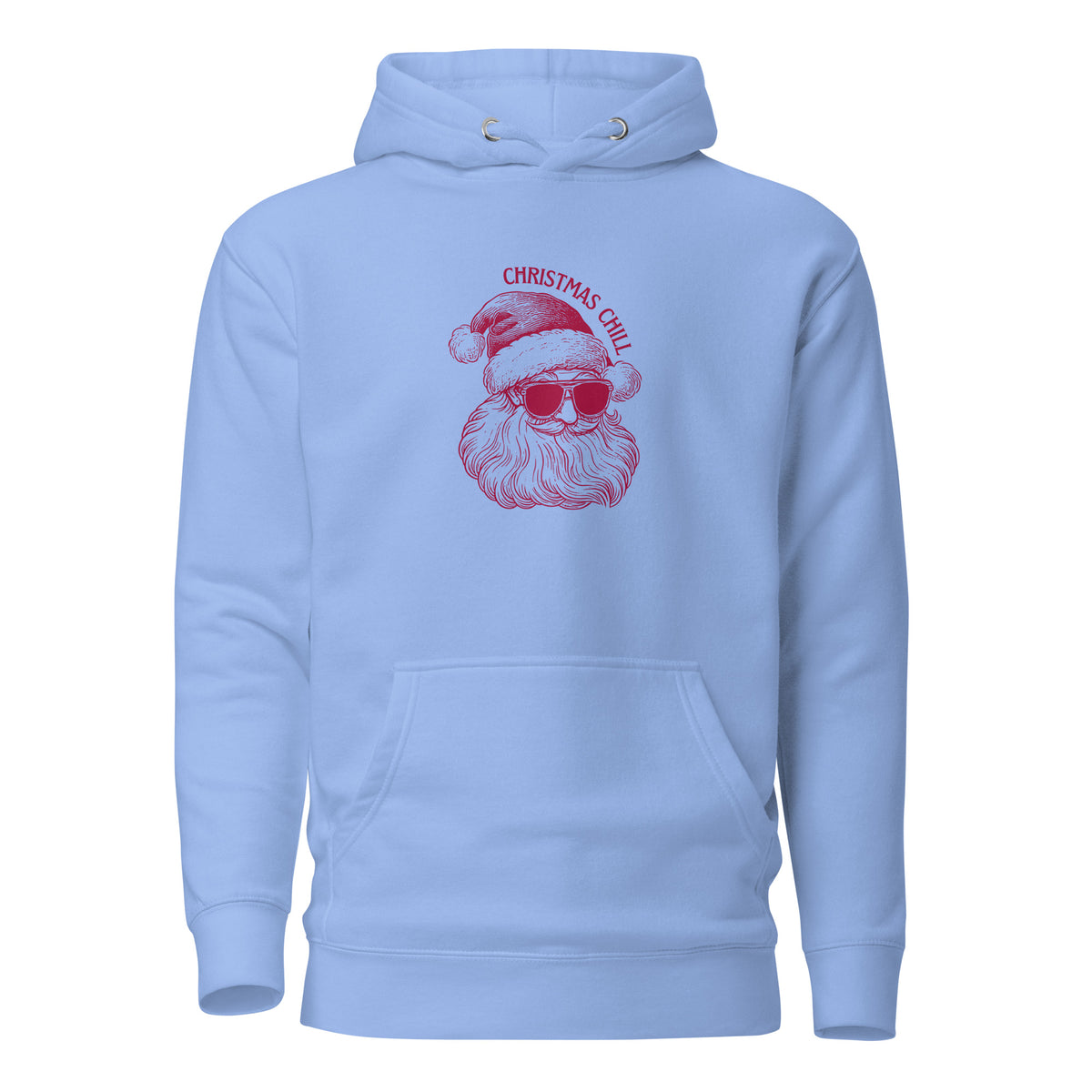 Carolina Blue hoodie, front view with a burgundy Santa face wearing sunglasses and "Christmas Chill" lettering.
