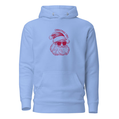 Carolina Blue hoodie, front view with a burgundy Santa face wearing sunglasses and "Christmas Chill" lettering.