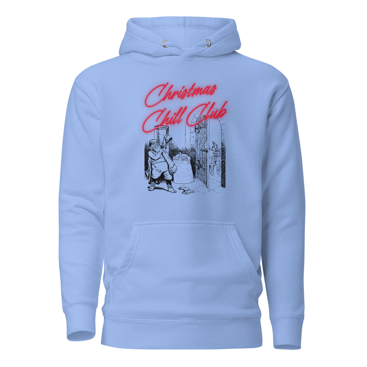 Carolina Blue hoodie, front view with a black-and-white Santa illustration and red "Christmas Chill Club" script.