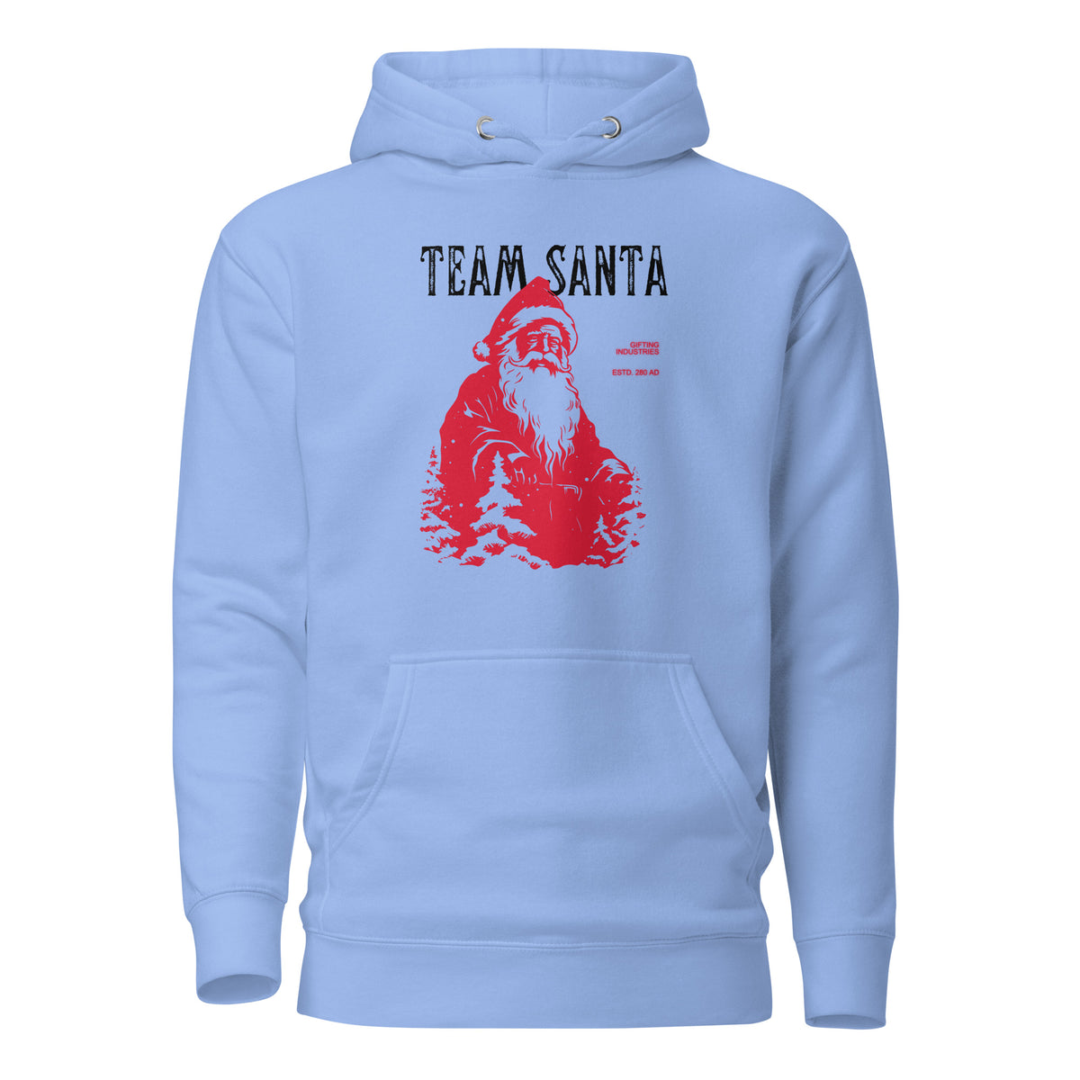 Carolina Blue hoodie, front view with a red Santa illustration and black "Team Santa" lettering.