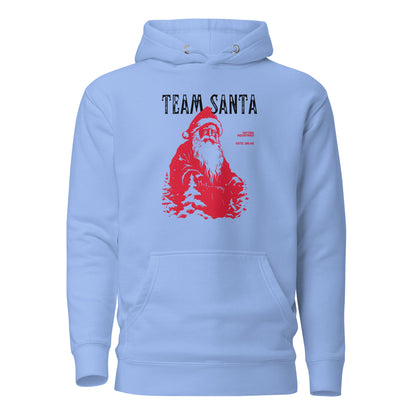 Carolina Blue hoodie, front view with a red Santa illustration and black "Team Santa" lettering.