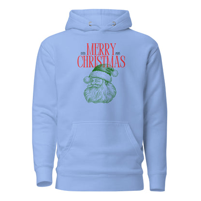 Carolina Blue hoodie with red Merry Christmas 2025 text and green Santa face, front view.