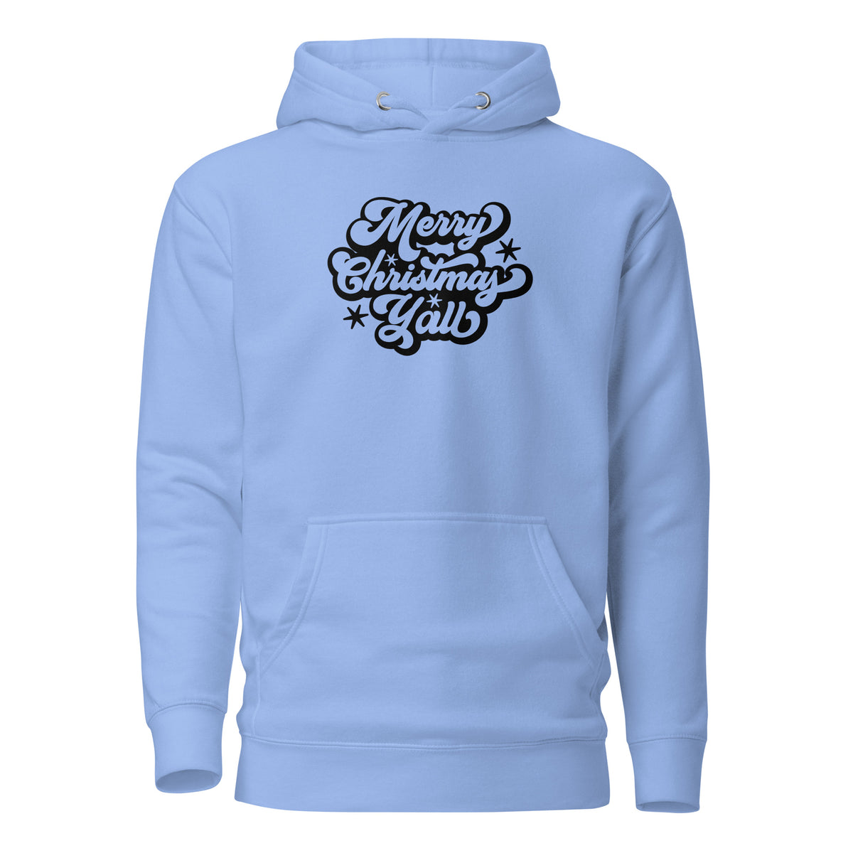 Carolina Blue hoodie with black Merry Christmas Y'all script lettering, front view.