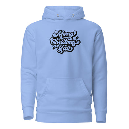 Carolina Blue hoodie with black Merry Christmas Y'all script lettering, front view.