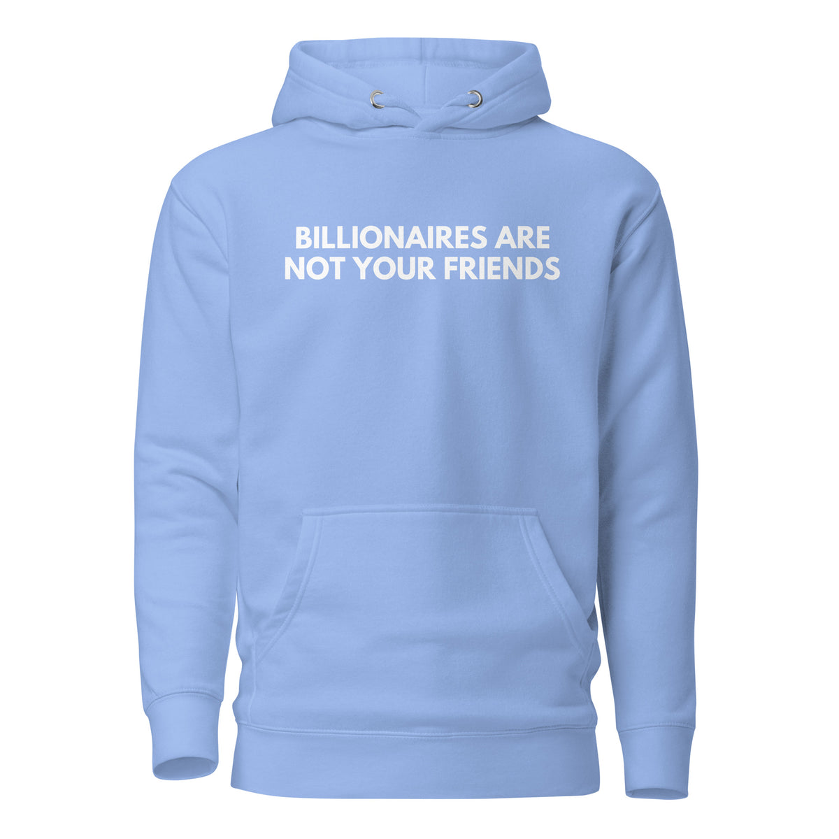 Carolina Blue hoodie, front view with white Billionaires Are Not Your Friends lettering.