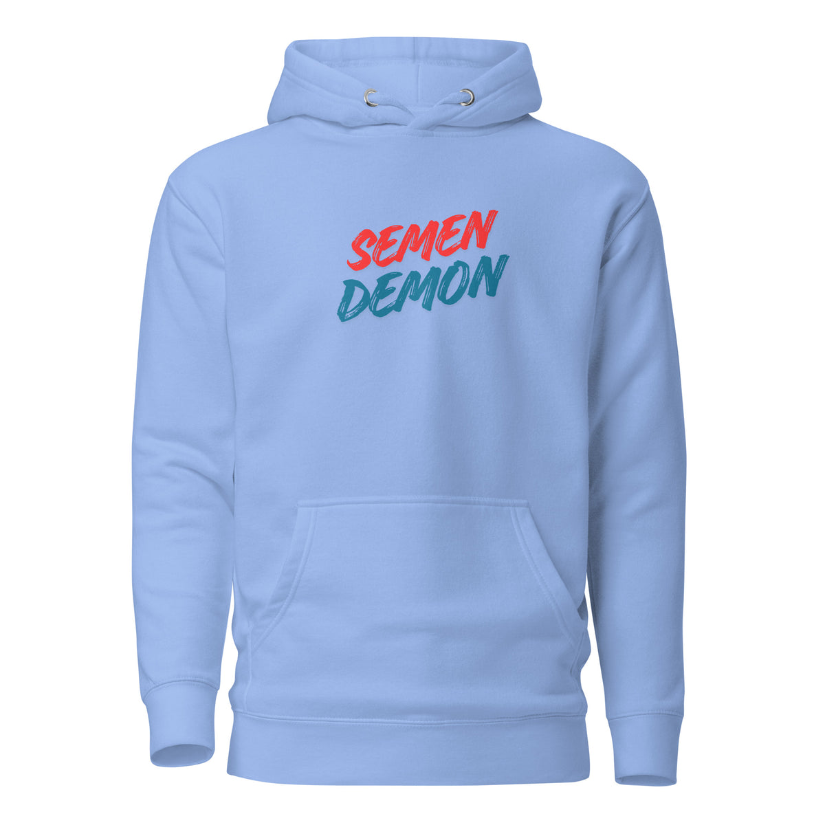 Carolina Blue hoodie with red and blue Semen Demon lettering, front view.
